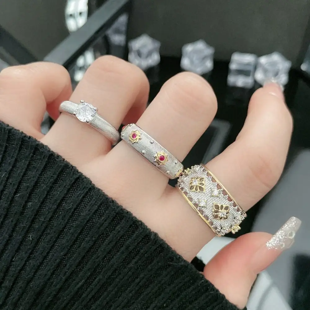 Vintage Style Temperament Silver Inlaid Crystal Open Rings for Women Adjustable Finger Rings Wedding Engagement Gift Jewelry