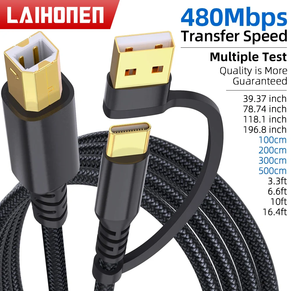 

LAIHONEN Кабель принтера 10-футовый USB-кабель принтера Plug Play USB A USB C — USB B для Brother HP Lexmark Epson Dell Xerox