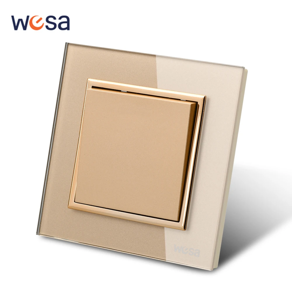 

WESA Luxury Crystal Tempered Glass Panel Gold Wall Switch Flame retardant 1 Gang 1 Way Wall Rocker Switch On / Off 16A AC 250V