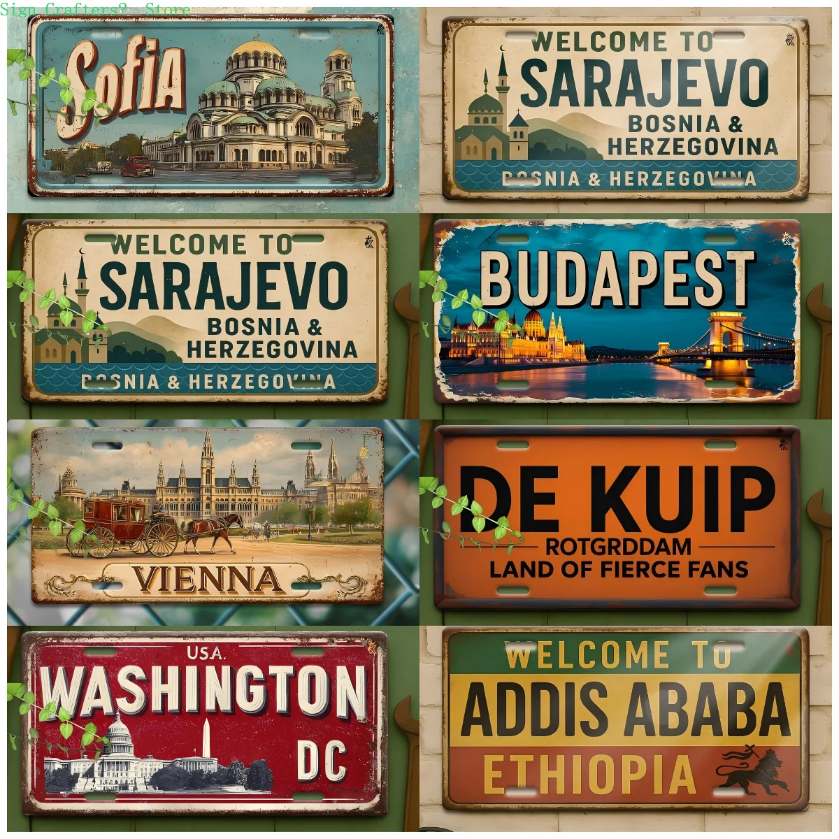 2D Flat World Famous City Landmark Vintage Metal License Plate Retro Travel Souvenir Wall Decor Tin Sign