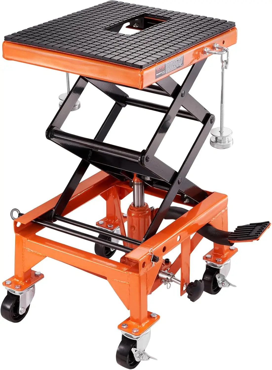 

Hydraulic Motorcycle Lift Table, 350 lbs Capacity Scissor Jack with Wide Deck, J-Hooks, Wheels for ATV Dirt Bikes