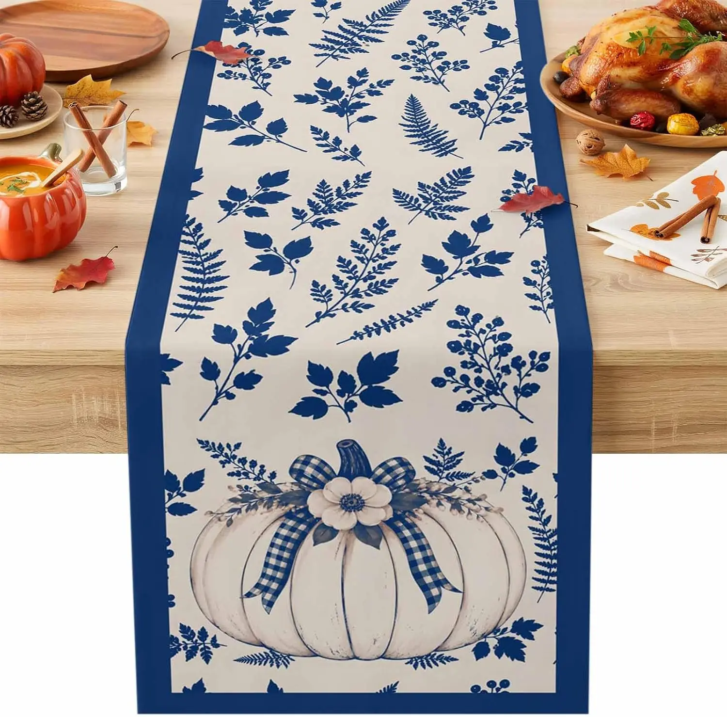 Fall Blue Pumpkin Linen Table Runner Home Decor Reusable Thanksgiving Floral Botanical Kitchen Dining Table Runners Autumn Decor