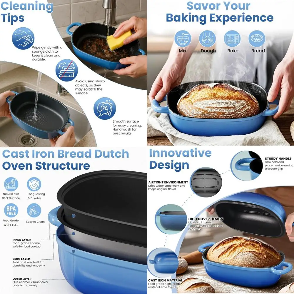 

Чугунная форма для выпечки хлеба на закваске объемом 2,5 кварты с крышкой — идеально подходит для домашней выпечки в голландской печи, синяя овальная форма для хлеба, идеальный подарок для любителей выпечки