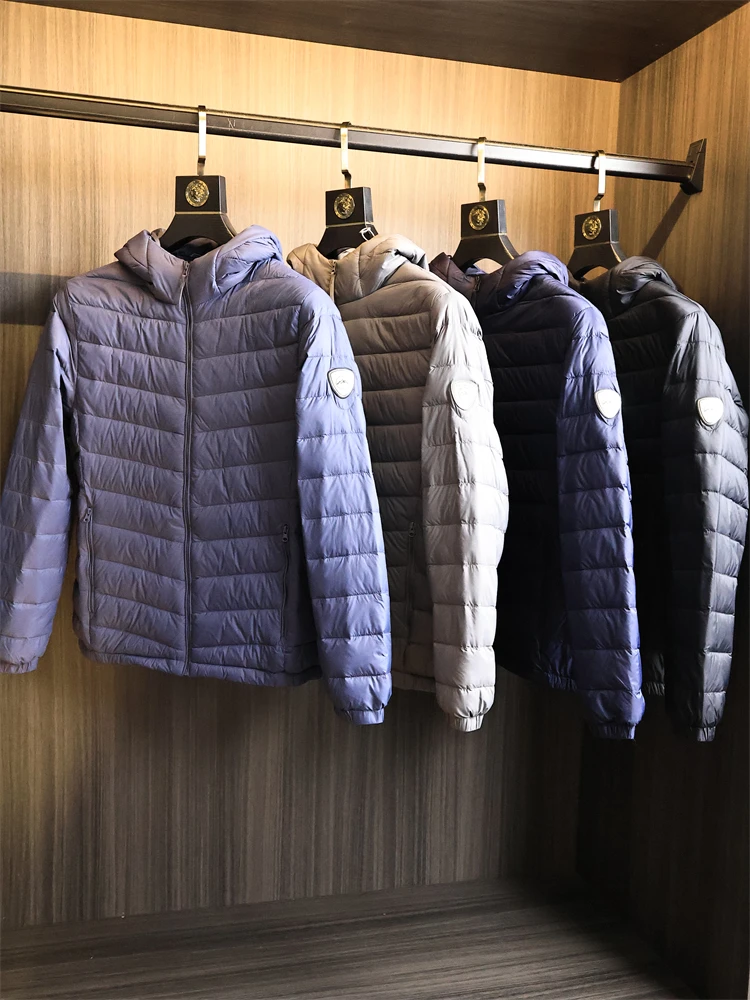 Men's Lightweight Tech Waterproof Outdoor Hooded down Jacket Fashionable Urban Style Windproof 3D Design White Duck down Filling