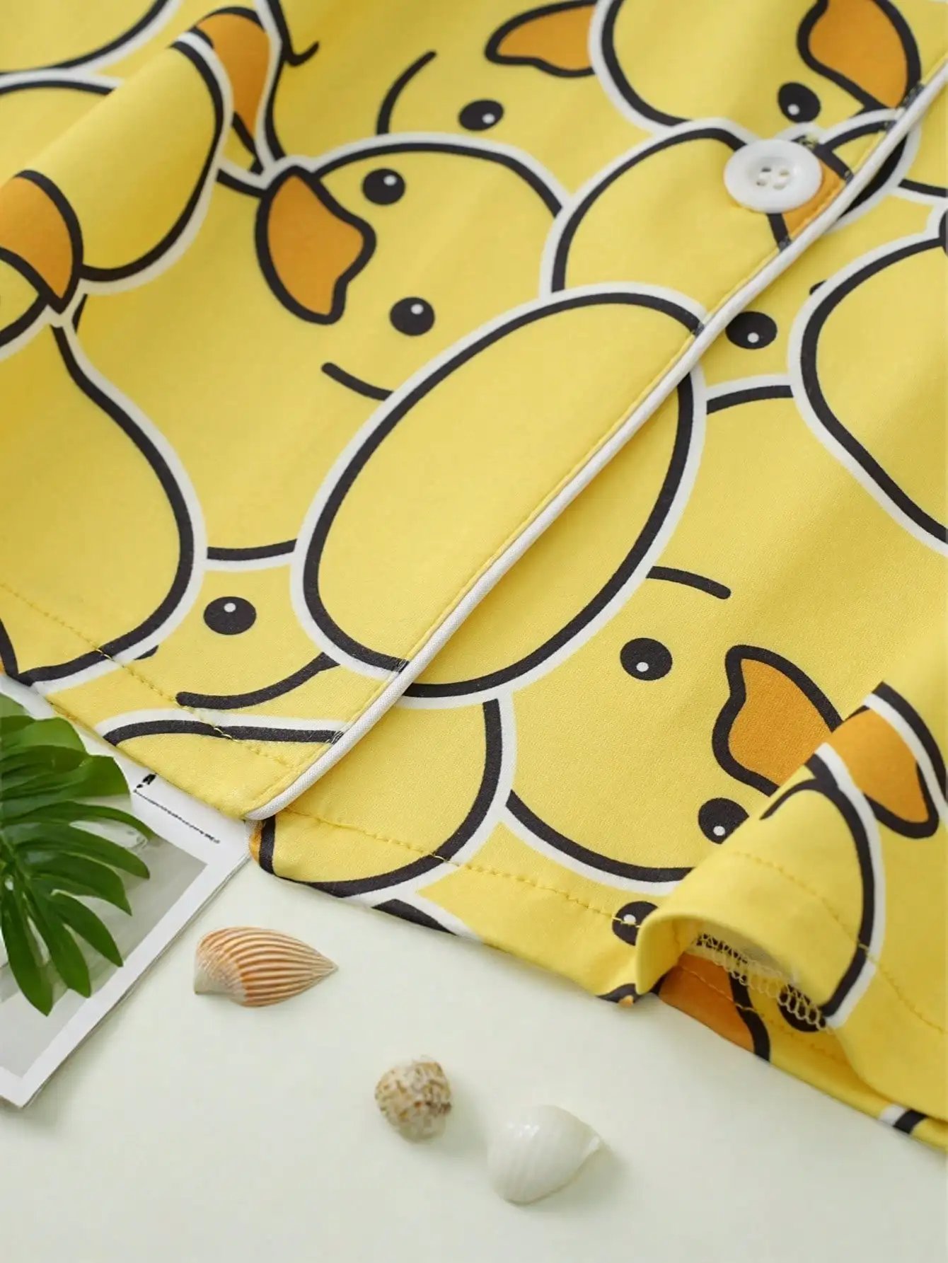 Ensemble pyjama 2 pièces en soie de mûrier pour femmes, haut à col à manches courtes + Short imprimé canard, printemps/été maison/extérieur