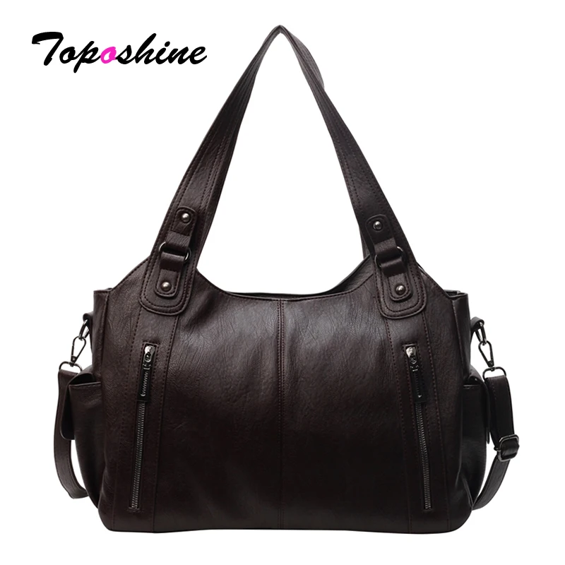Toposhine Vintage Style Soft Leather Hobo Tote Bag for Women Multi Zipper Pockets Shoulder Handbag Casual Crossbody Commute Bag