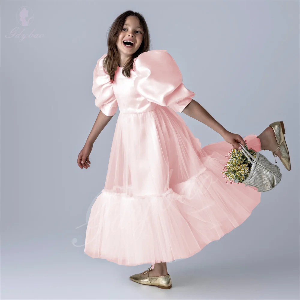 

Красивое комбинированное розовое атласное сетчатое платье с цветочным узором для девочек на свадьбу, детское платье с пышными рукавами и половиной рукавов для дня рождения, причастия