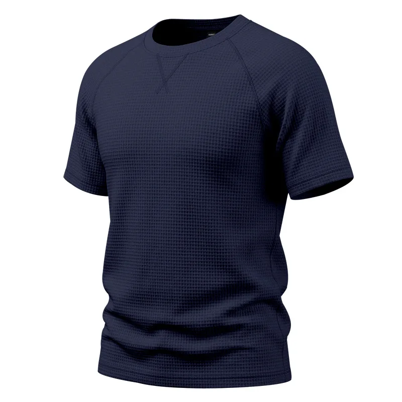 Men's Sports Fitness Waffle Round-Neck Short-Sleeve T-Shirt Summer Men's Solid Color Loose Breathable Jogging Short-Sleeve tops