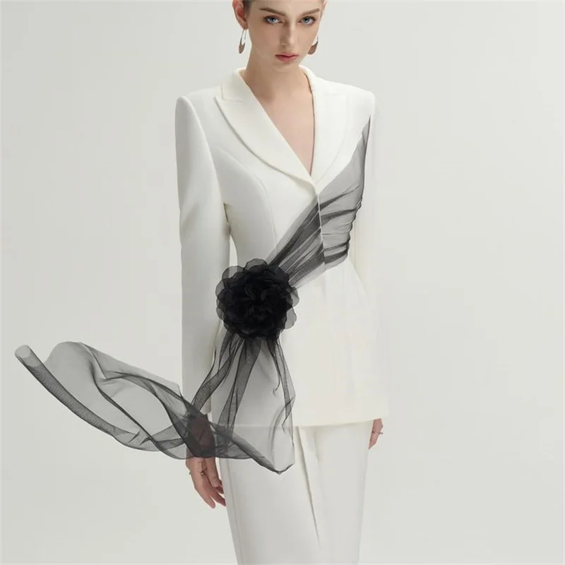 

White Women Suits Set 2 Piece Blazer+Pants Trousers 3D Flower Customized Formal Office Lady Jacket Cotton Wedding Party Coat