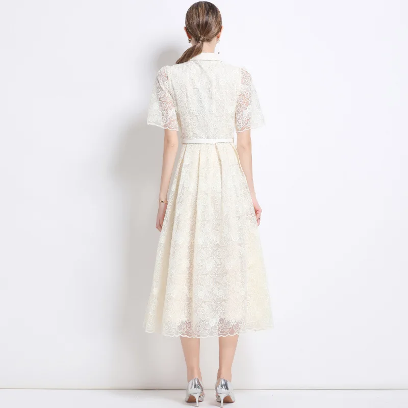 Ele Street Sle Spódnica Midi z Koronkowym Haftem, Rozkloszowany Dół, Wysoki Stan, Linia A, Poliester, Dzianina