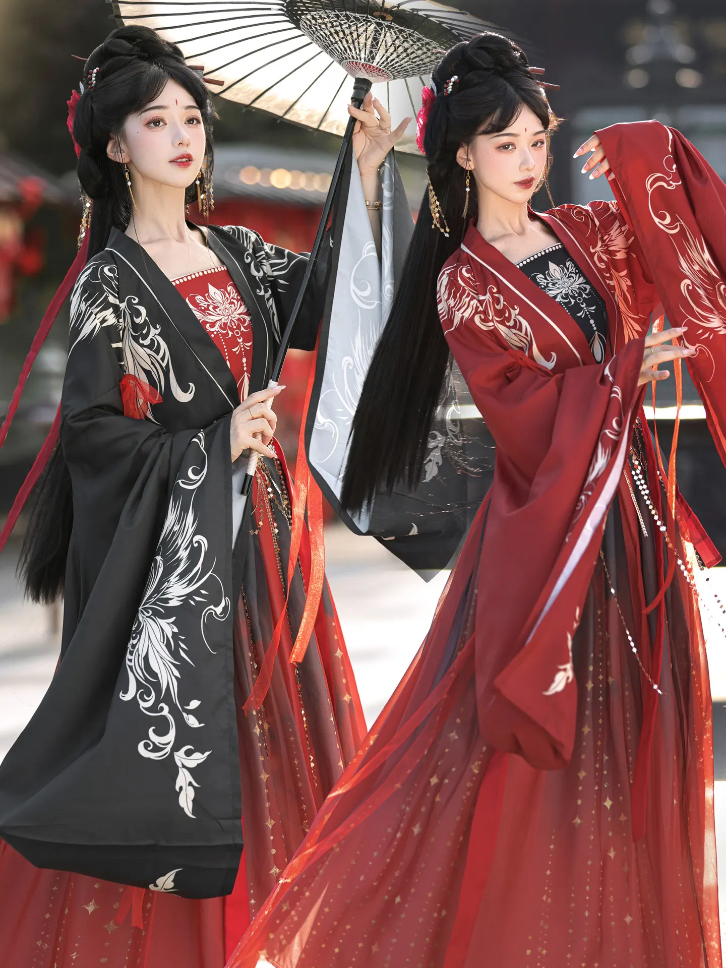 

Dark Black Red Women's Hanfu Traditional Chinese Weijin Period Fairy Martial Suit Halloween Swordsman Cosplay Costume Long Robe