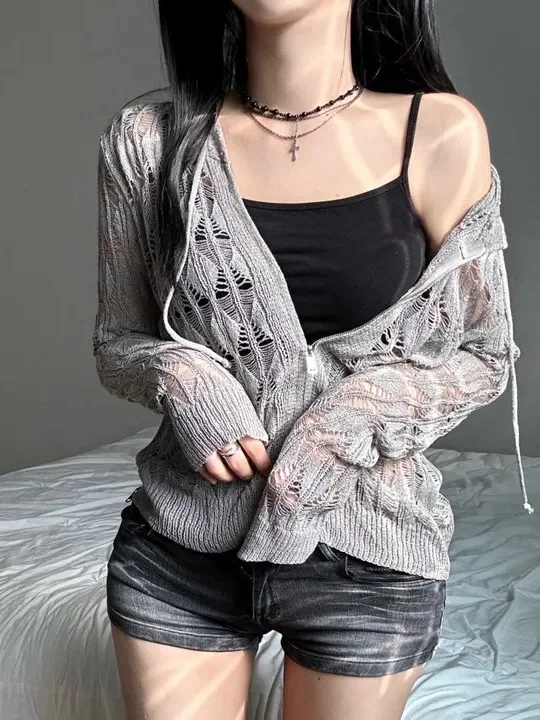 

Korean Sle Knitted Jaet Women Early Autumn Design Unique Retro Hook Hollow Versatile Sexy Long Sve Hooded Top