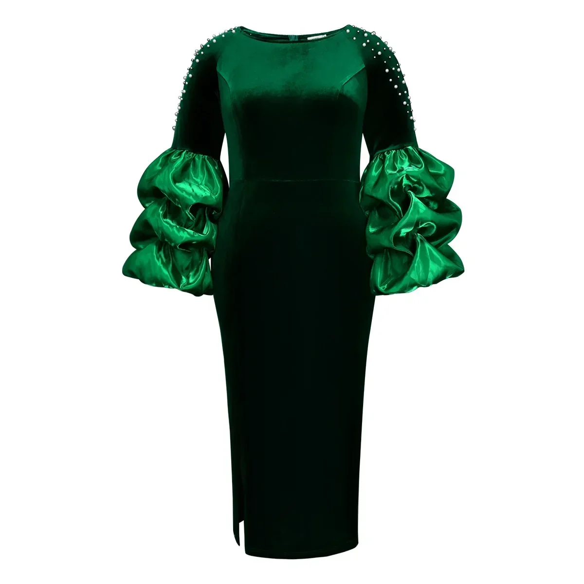 2024 Green Vintage Velvet Christmas Party Dress For Women O Neck Lantern Sleeves Nail Beads Wedding Birthday Party Banquet Gowns