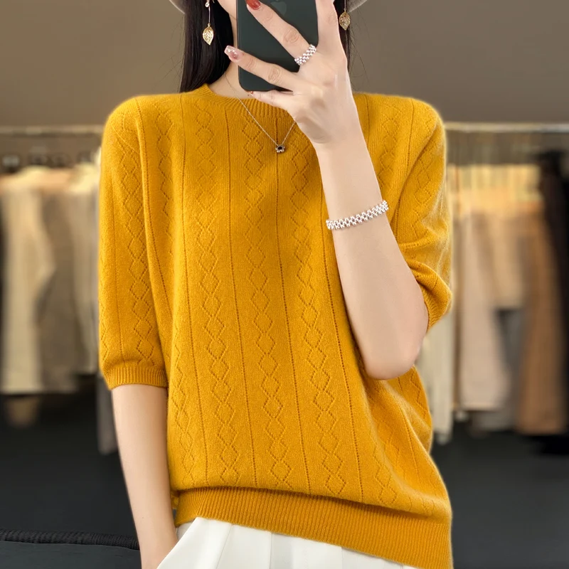 Spring and autumn new women\'s sweater cashmere knitted 100% pure merino wool solid color O-neck short sleeve T-shirt.