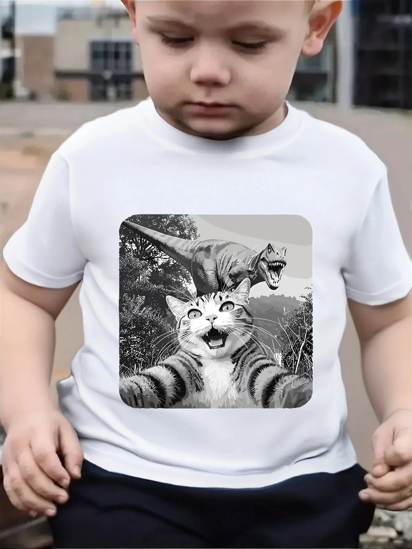 Lovely Funny Kitten And Tyrannosaurus Rex Graphic Family Matching T Shirts Boys Girls Parent Child Daily Wear Cotton Tops
