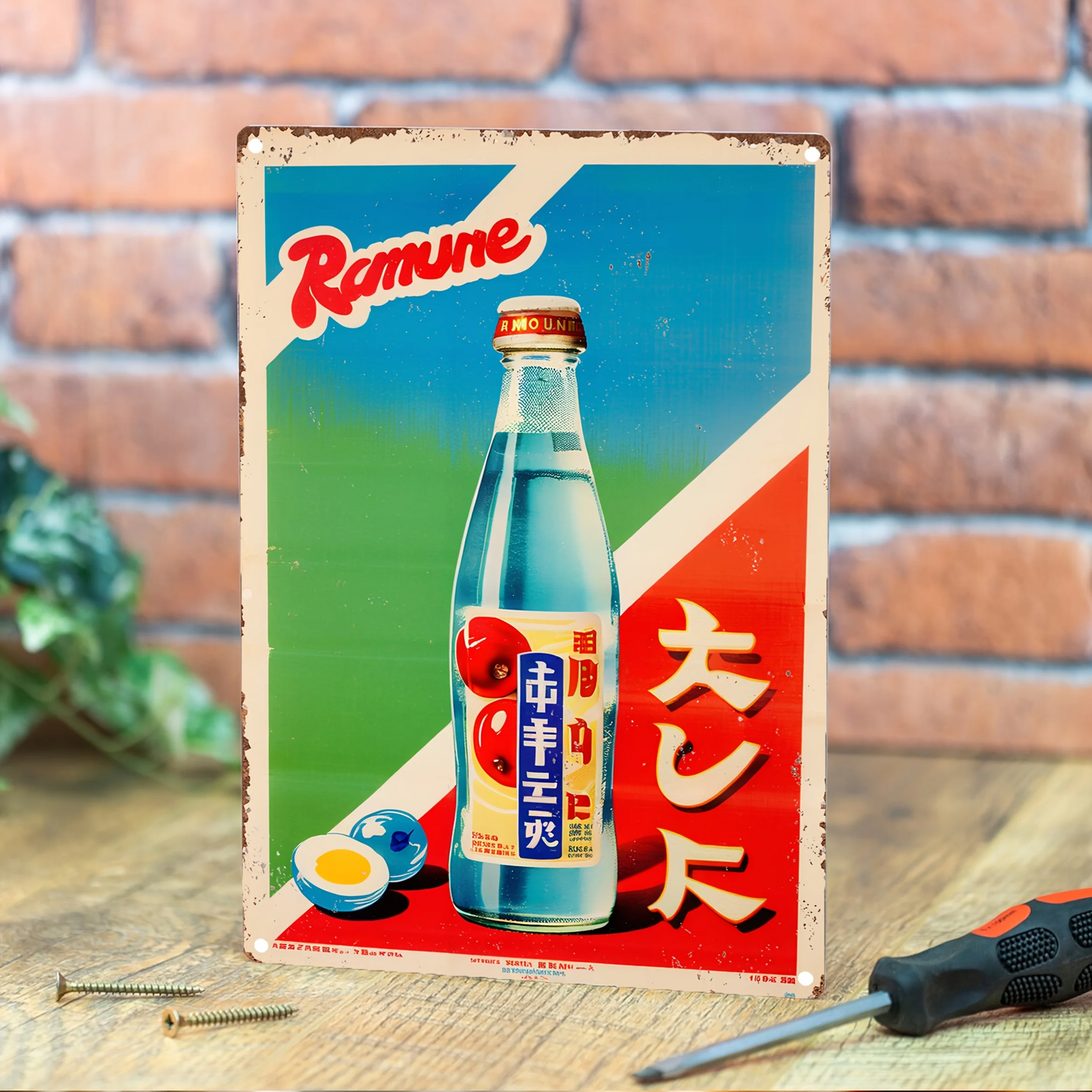 لافتة فنية جدارية معدنية من Ramune Soda - ملصق مشروبات ناعمة ياباني قديم مع نص باللغة الإنجليزية واليابانية، حديد متين للاستخدام الداخلي/الخارجي