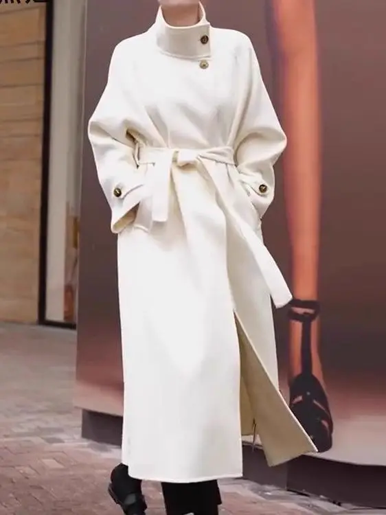 

Женское шерстяное пальто Ele Bla в стиле Хепберн с поясом, длинное, средней длины, повседневное, из полиэфирного волокна, верхняя одежда