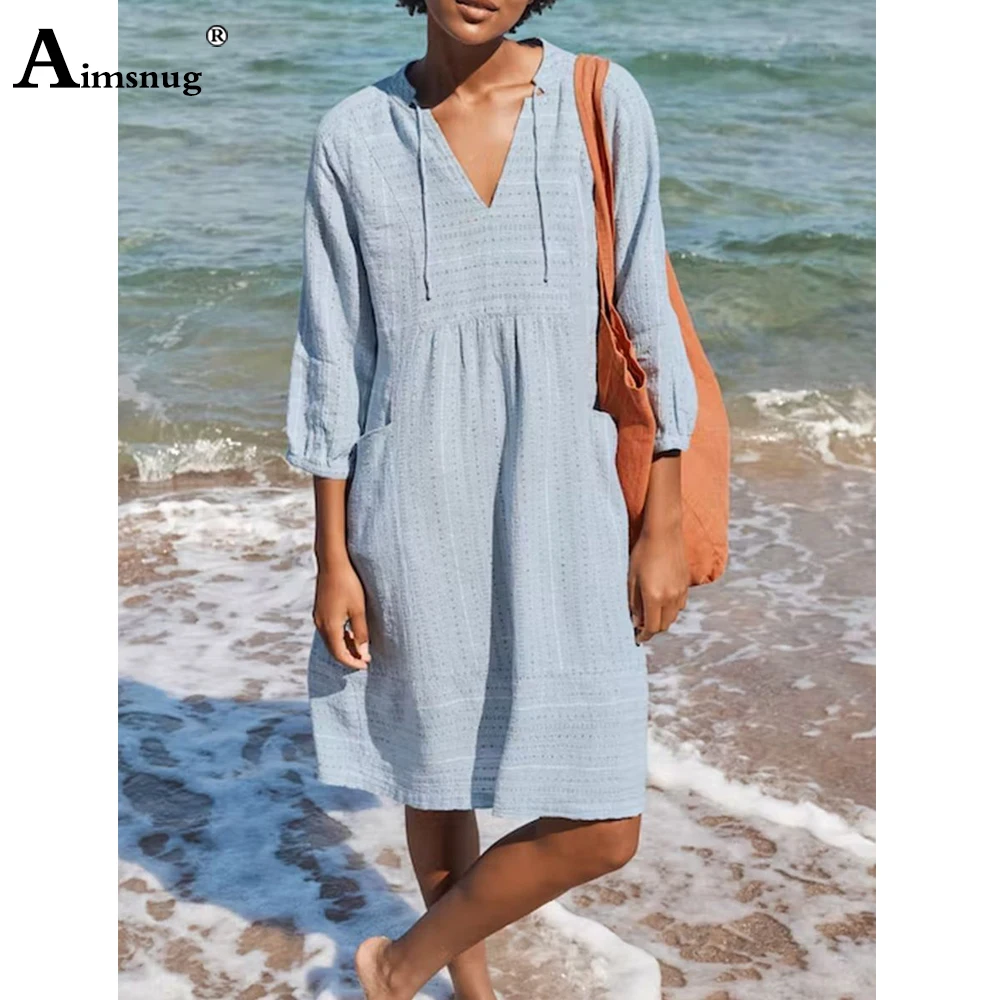 Aimsnug Women Three Quarter Sleeves Casual V-neck Dress Cotton Linen Beach Shirts Dresses Female Knee-Length Dress Clothing 2023