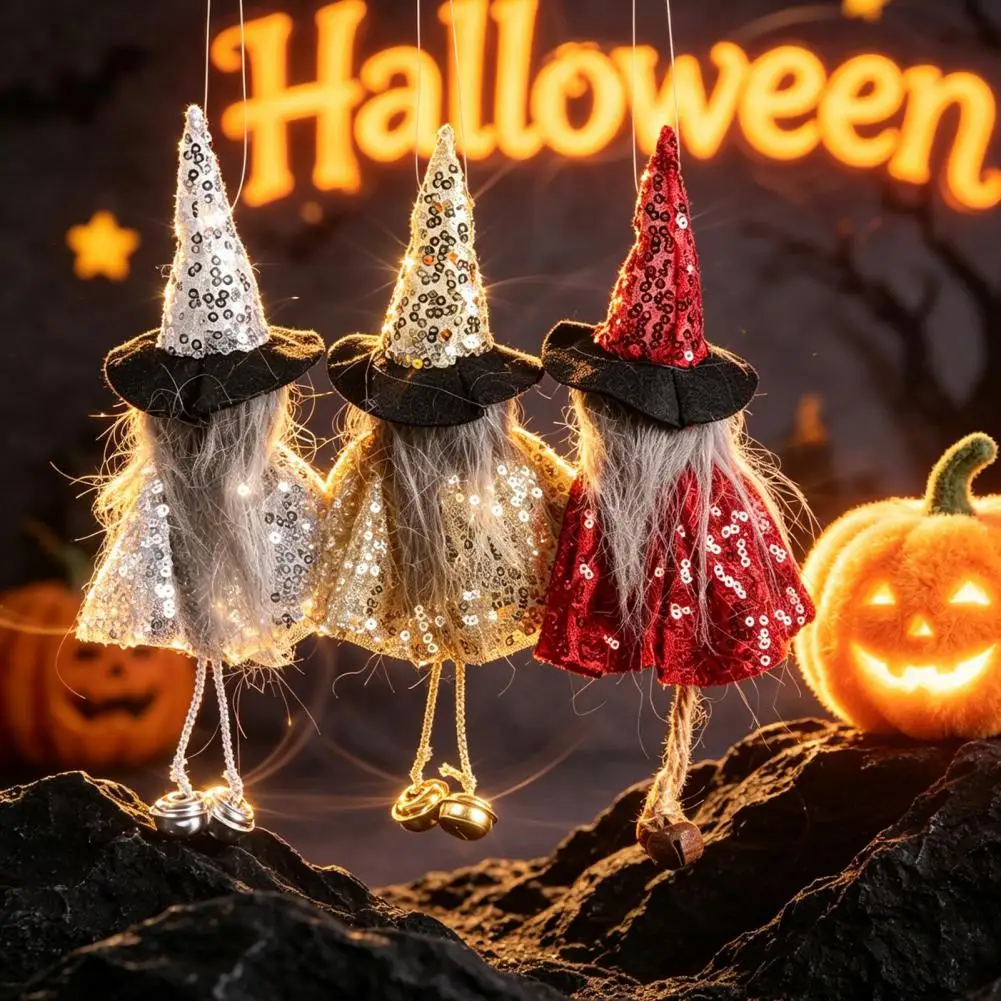 Witch Doll Decoration Halloween Witch Doll with Bells Sequins Fabric Hanging Decoration for Tree Party Home Window Halloween