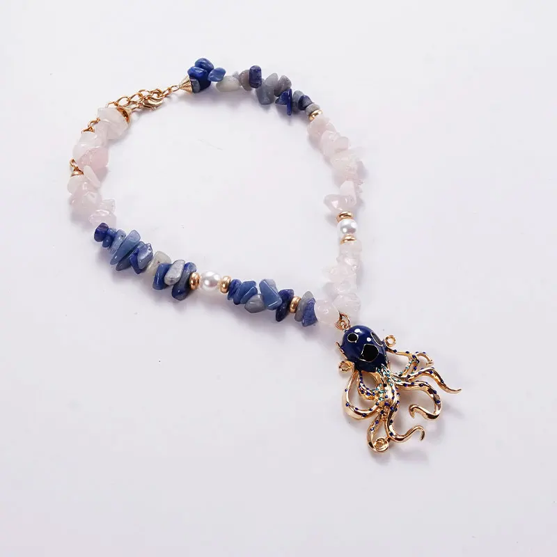 Blue Ocean Creature Octopus Pendant Necklace With Colorful Natural Stone Chains Jewelry Gifts Exaggerated Accessories