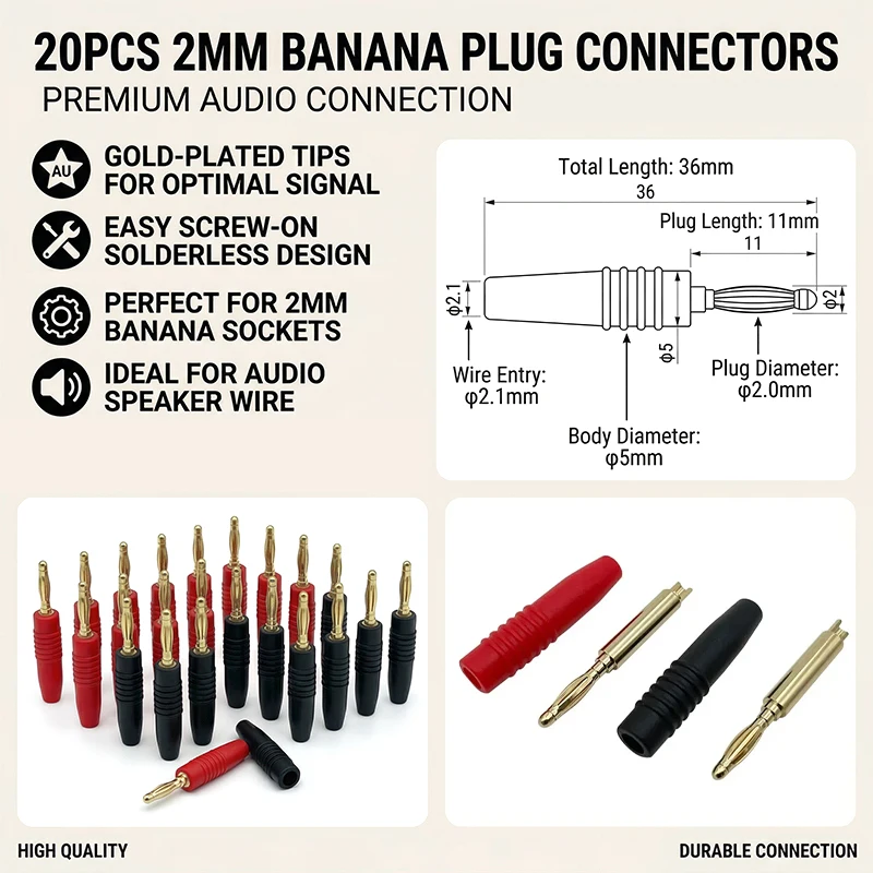

20Pcs 2mm Banana Plug Connector Banana Male Plugs Audio Speaker Wire Cable Connectors Red Black