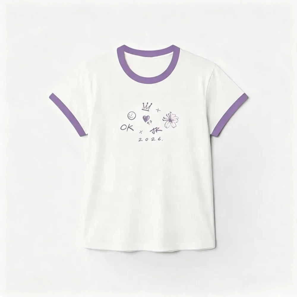 100% Cotton Ringer T Shirt Cute Hand Drawn OK Graphic Short Sleeve Tee Simple Casual White Contrast Collar Daily Wear Tops