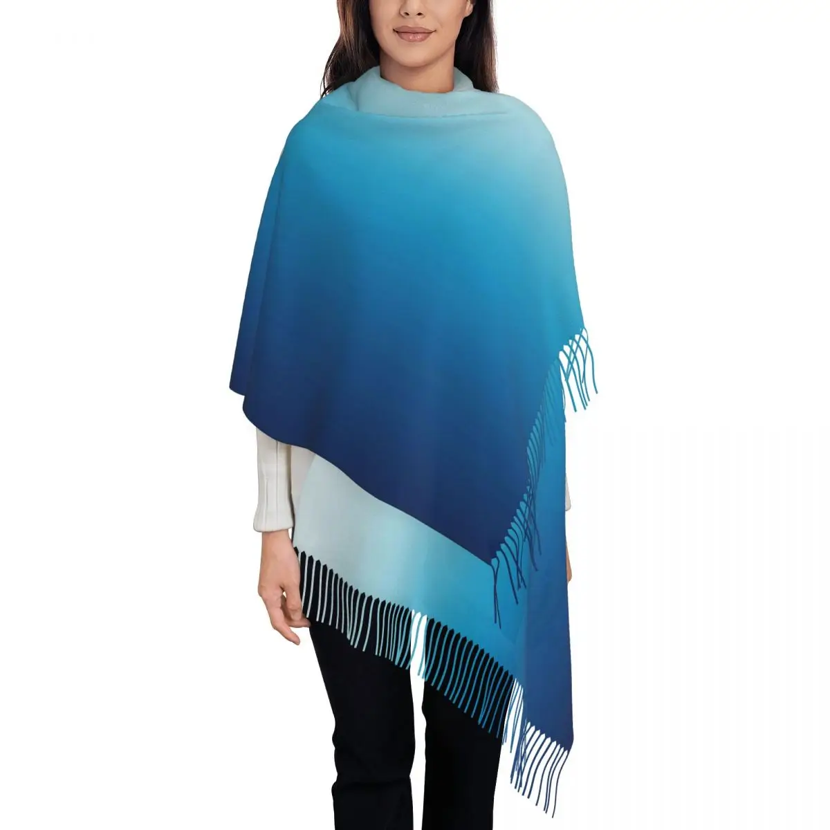 

Women Scarf Warm Soft Sea Ombre Head Scarves with Tassel Light Sky to Deep Blue Luxury Brand Shawls and Wraps Winter Foulard