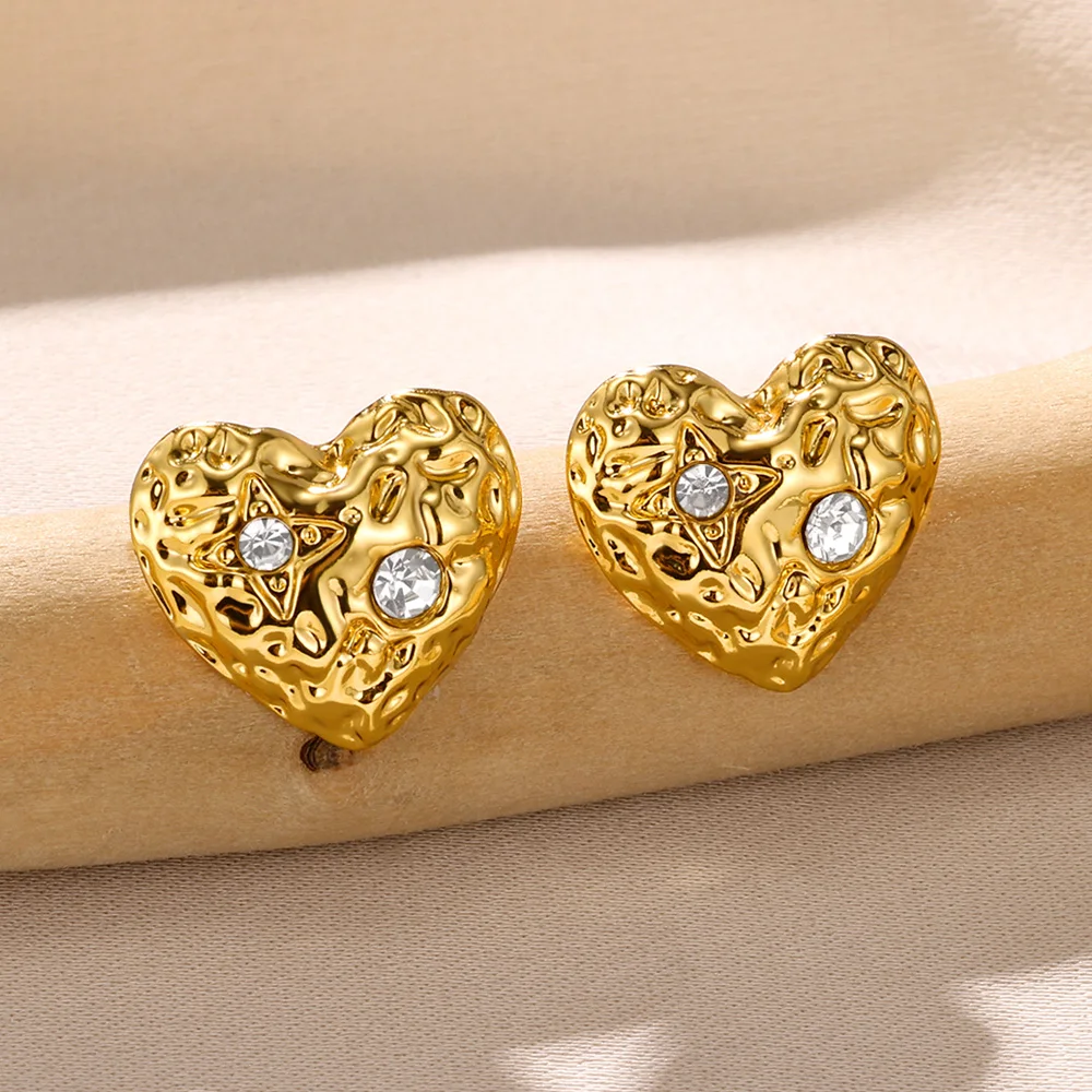 10pcs Fashion Pleated Crystal Heart Stud Earrings For Women Gold Color Geometric Earrings Wedding Party Jewelry Gifts