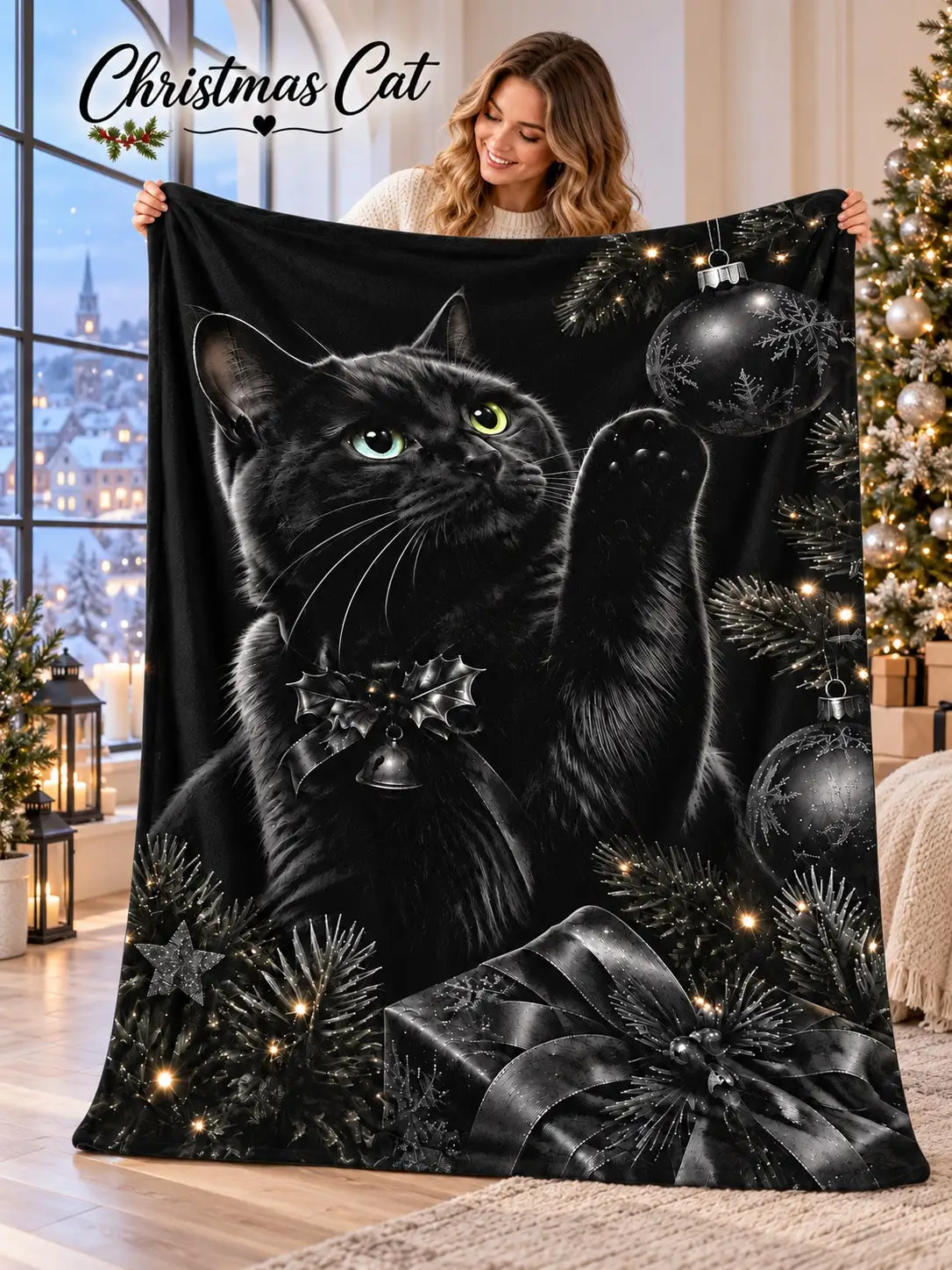 Christmas Flannel Throws & Blankets Cat Ornaments Stars Ribbon Illustration for Sofa Bed Couch Bedroom Living Room Reading Nook Office Lounge Apartment Dorm Camper Nap Guestroom Cabin Home Decor Gifts Pet Lovers Thanksgiving Birthday Anniversary