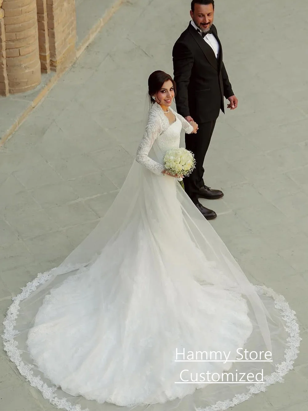 Abiti da sposa arabi personalizzati collo quadrato maniche lunghe corte strascico pizzo sirena abito da sposa Vestido De Noiva abiti da sposa