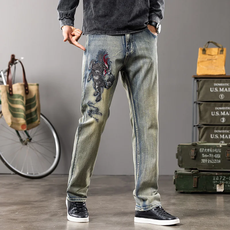 Dragon embroidered jeans for men Straight slim fit stretch fashion tear jeans men Large size 28-44