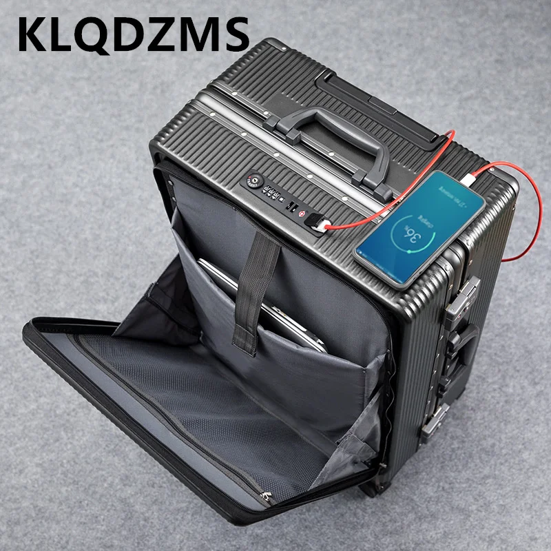 KLQDZMS 20"24"26inch PC Multifunctional Zipper Aluminum Frame Luggage Opening Charging Travel Box Lightweight Boarding Suitcase