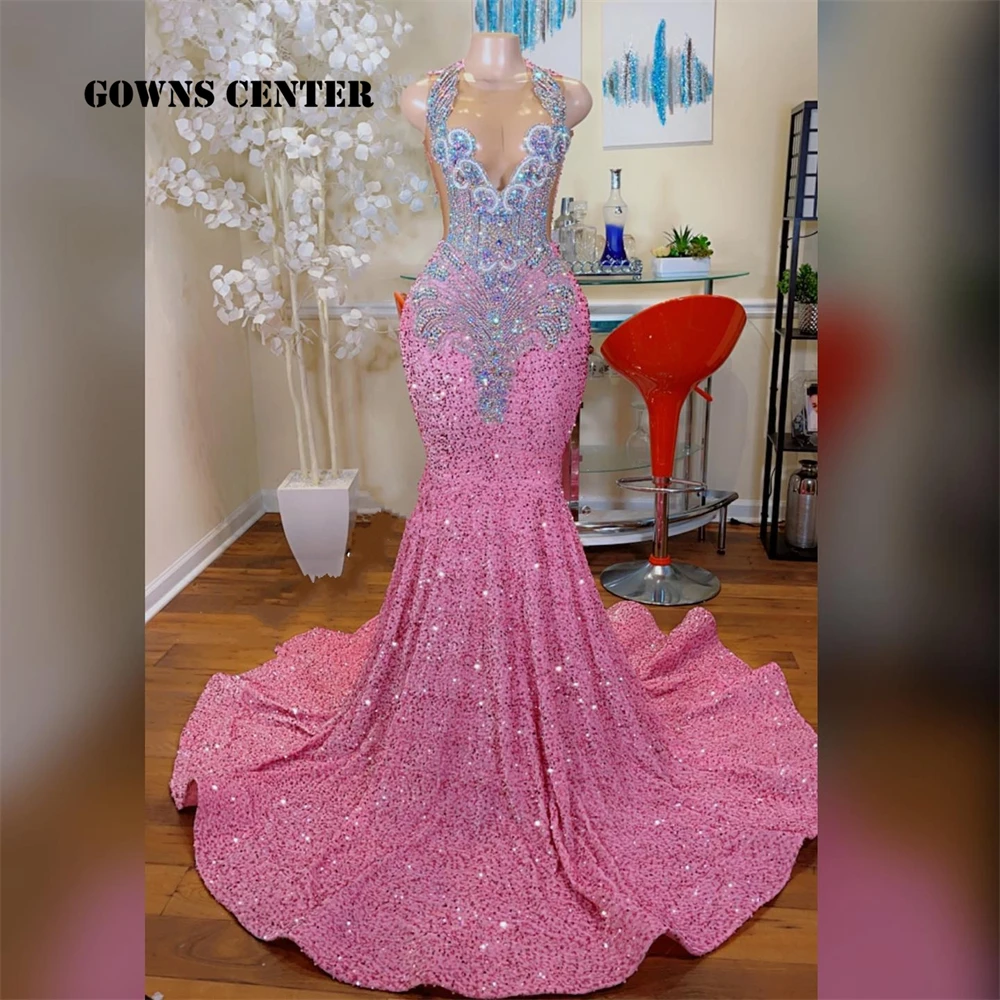 Sexy Long Sparkly Pink Prom Dresses 2025 Sheer Luxury Crystals Rainbow Rhinestones Sequin Mermaid Black Girl Customized