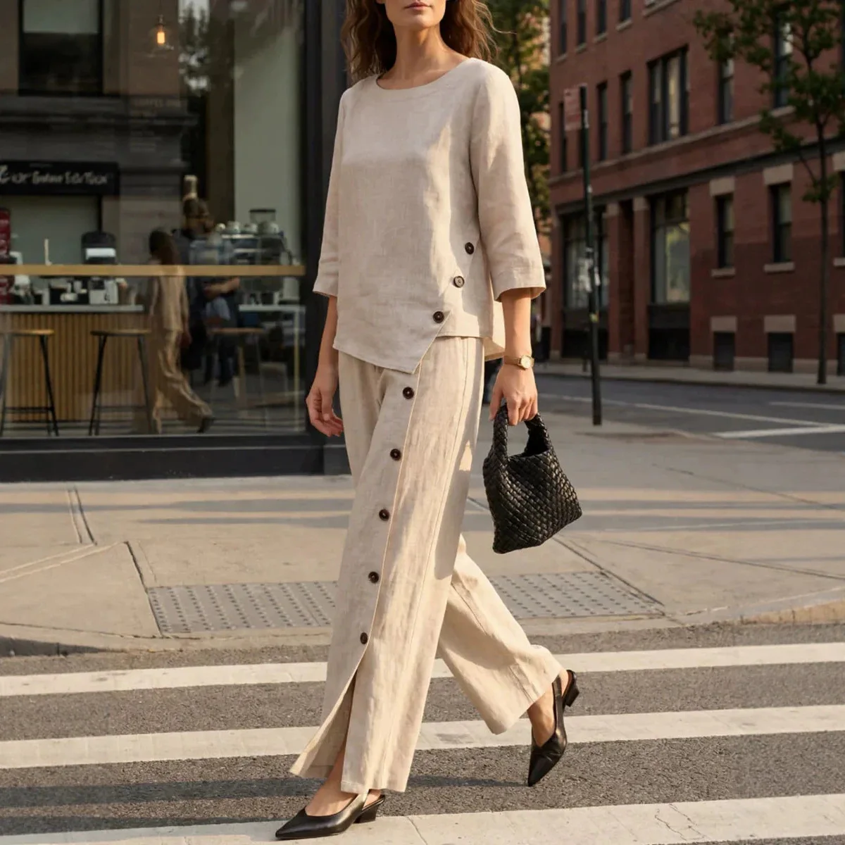 

2026 Women 2 Piece Set Elastic Waist Button Decoration Long Pants+Solid Irregular Blouse Top Suit Women Casual Vacation Outfits