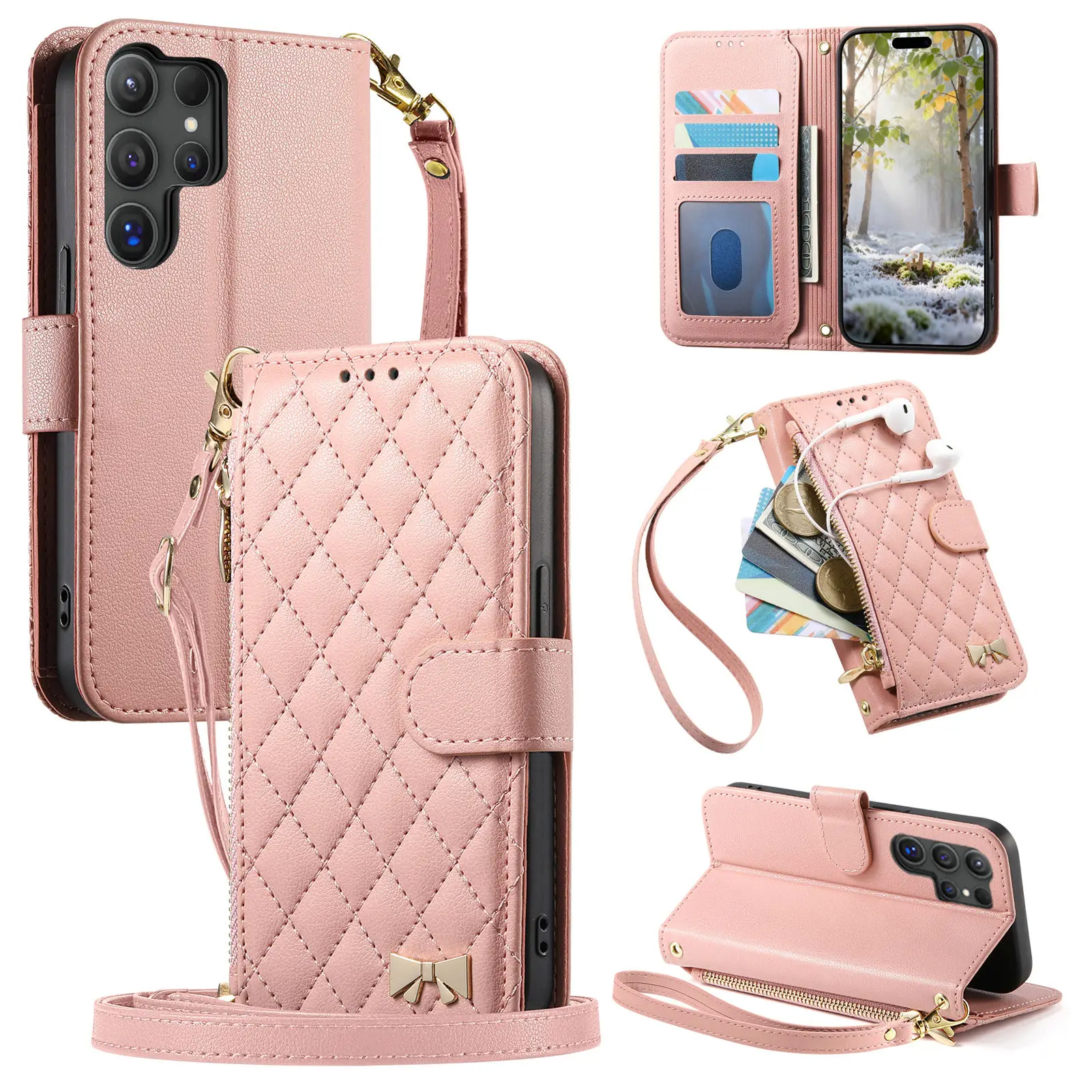 

Кожаный чехол для телефона с застежкой-молнией через плечо Solt Wallet Flip для Samsung S25 Ultra S24 Plus S23 A16 A06 A17 A07 с длинным ремешком