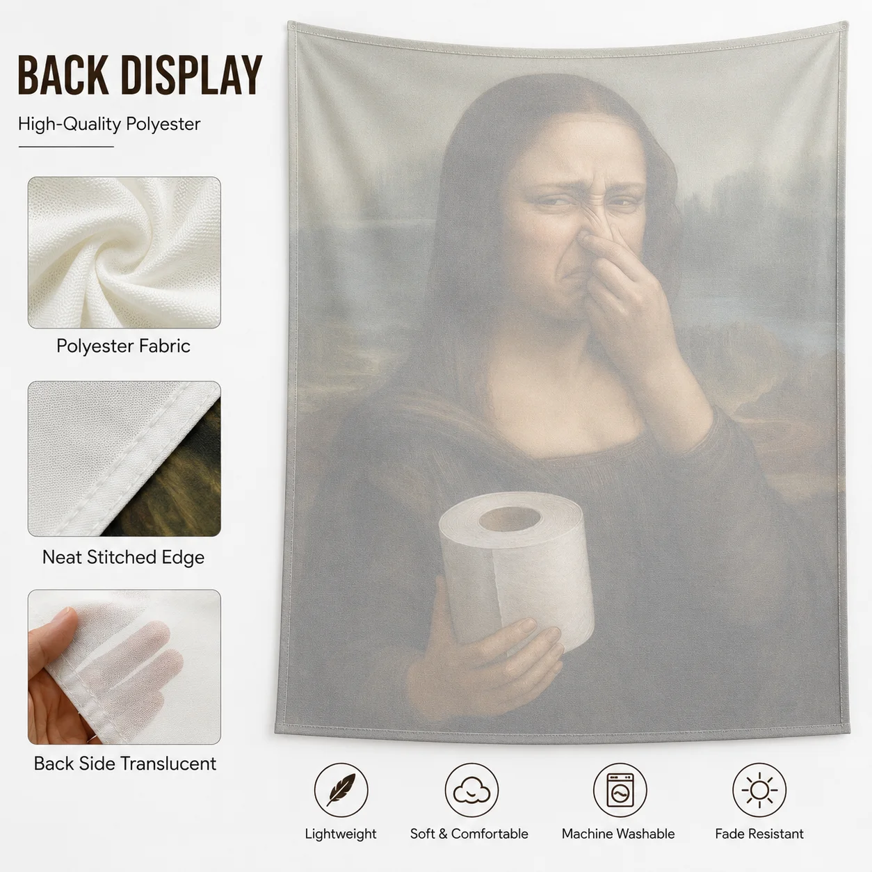 Funny Mona L-Lisa Toilet Paper Tapestry, Humor Bathroom Wall Hanging for Bedroom Living Room Office Decor