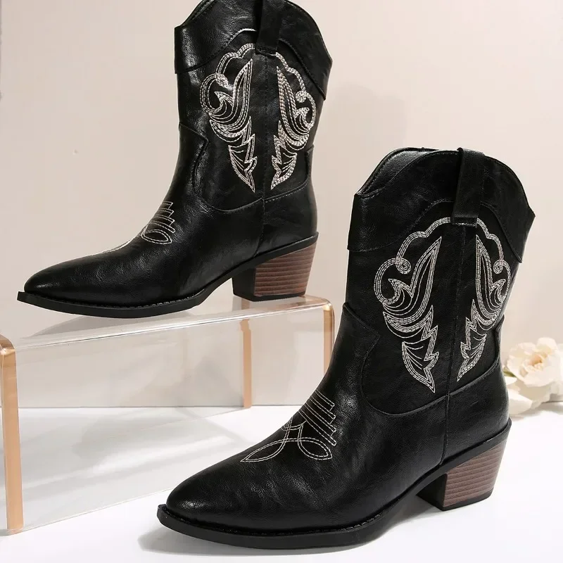 

Women's Spring and Autumn New Pointed Toe Embroidered Sleeve Square Heel Mid-Tube Knight Boots Plus Size Western Short Botas