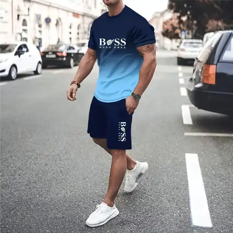 Nyheter Sommar Boss 3D Graphic Herr 2-delade set Casual Rund hals Kortärmade T-shirts Shorts Streetwear 10 best sales chefs träningsoverall - №1