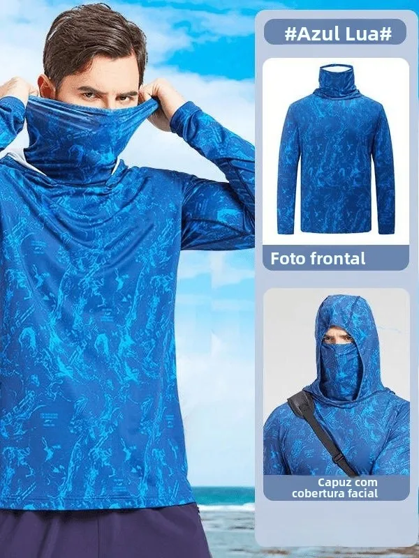 Roupa de Pesca Masculina de Verão com Proteção Solar, Secagem Rápida, Seda Gelada, Leve, Respirável, com Capuz e Máscara Facial