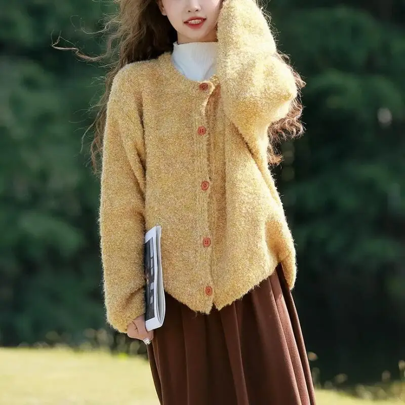 Cárdigan amarillo, suéter para niña, Otoño Invierno, prendas de punto suaves y pegajosas, abrigo bonito y perezoso, Tops, ropa de moda para mujer al por mayor