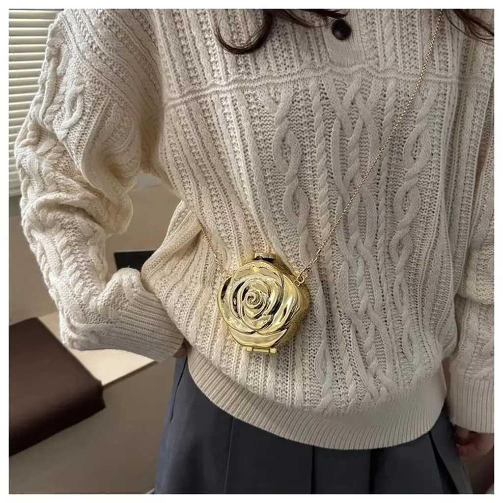 Evening Clutch Bag Women Luxury 3D Rose Flower Metallic Chain Shoulder Crossbody Bag Mini Party Prom Purse
