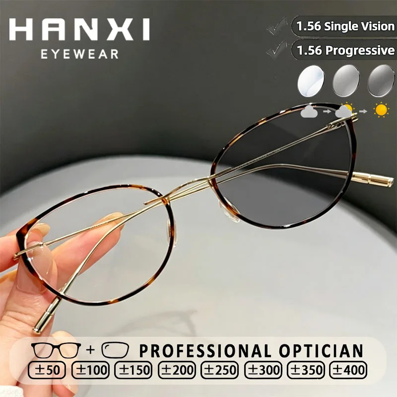 HANXI Women Anti Blue Light Photochromic Myopia Glasses Progressive Prescription Custom Reading Glasses Thin Metal Oval Glasses