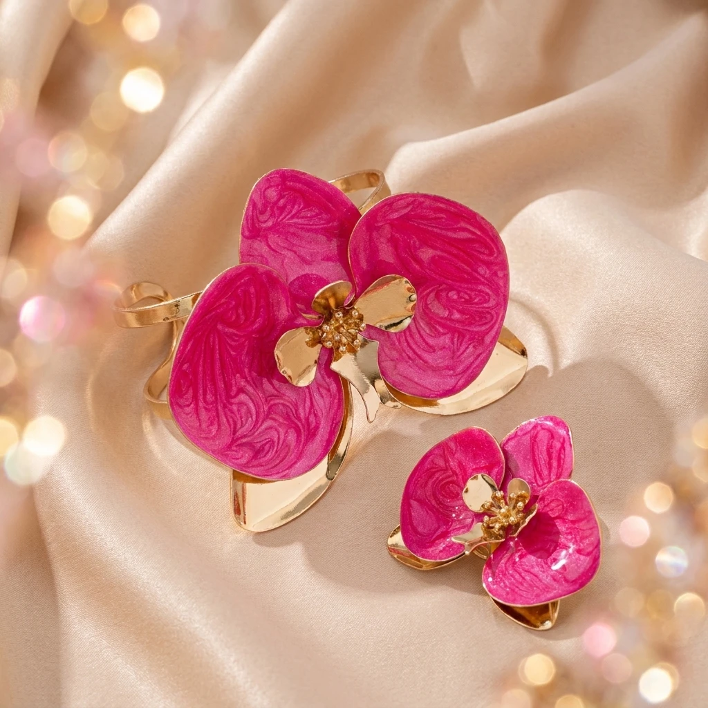 2-teiliges Metall-Blumen-Armband- und Ring-Set für Damen, Übertriebenes Emaille-Blütenblatt-Manschettenarmband, Hochzeits- und Bankett-Schmuckgeschenke – Detail 7