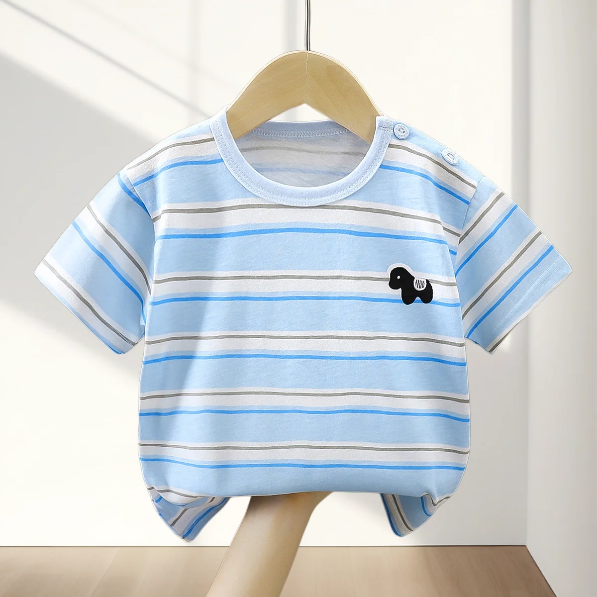 Summer Cute Style Kids T-Shirt Cartoon Embroidery Color Blocking Stripes O-Neck Top for Boys Girls Thin Soft Children Clothes