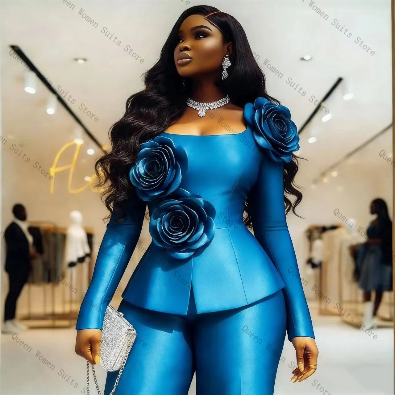 

Blue Satin Women Suit Pants Set 2 Pcs Blazer+Trousers 3D Flower Luxury Prom Formal Office Lady Jacket Wedding Coat Customized