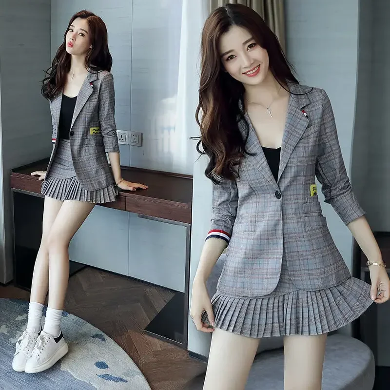 Grey Women\'s Short 2 Sets Summer Suits with Skirts and Blazer 2024 Two Piece Set for Woman Long Sleeve Mini Outfits Jacket Korea