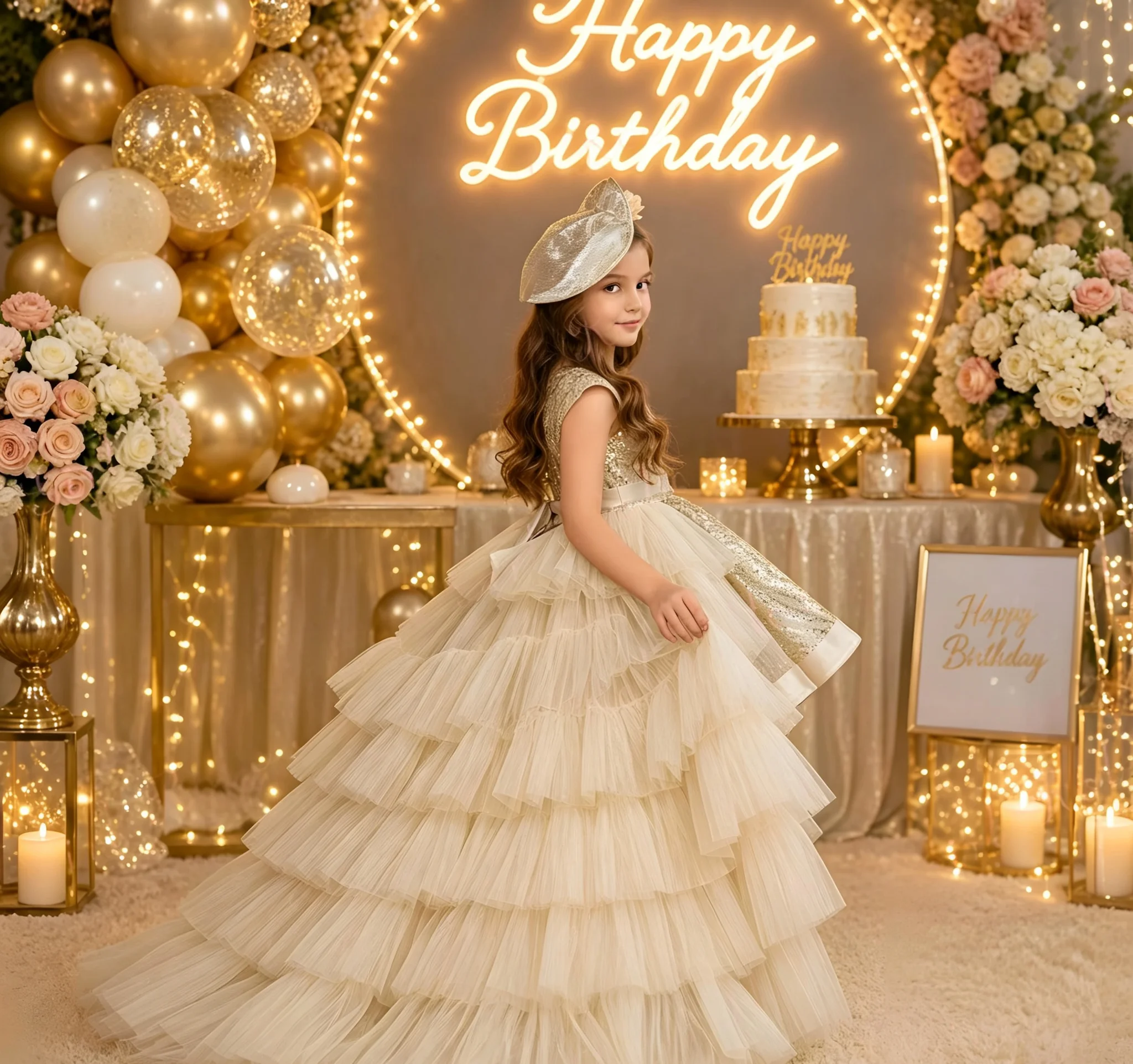 Elegant Flower Girl Dresses for Wedding Gold Sequins Tulle Puffy Tiered High Low Kids Birthday Party First Communion Gown Custom