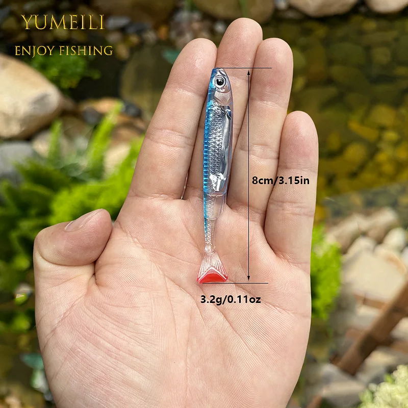 YUMEILI 5 Stück Regenbogen-Fisch-Softbait, mit integrierten reflektierenden Pailletten, 3D-simulierten Augen und großem T-Schwanz – Detail 1