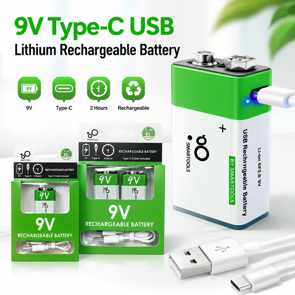 9V Lithium Ion Rechargeable Battery Type-C USB Battery 9V Multimeter Lithium Microphone Metal Detector Cable Remote