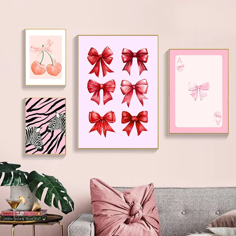 Watercolor Pink Bows Canvas Painting Wall Art Cherry Disco Ball Zebra Poster Print Picture Preppy Girl Room Home Decor Cuadros